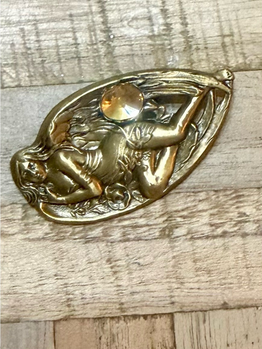 Vintage Art Nouveau Brass Sleeping Angel Fairy Brooch with Amber Rhinestone